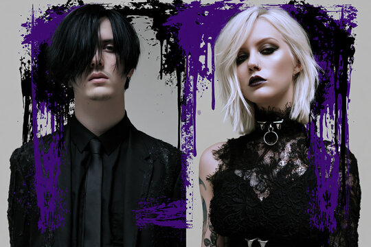 Goth couple portrait dark fashion alternative style gothic makeup black clothing punk aesthetic future garage dramatic expression artistic grunge emo vibe moody goth couple portrait black clothing