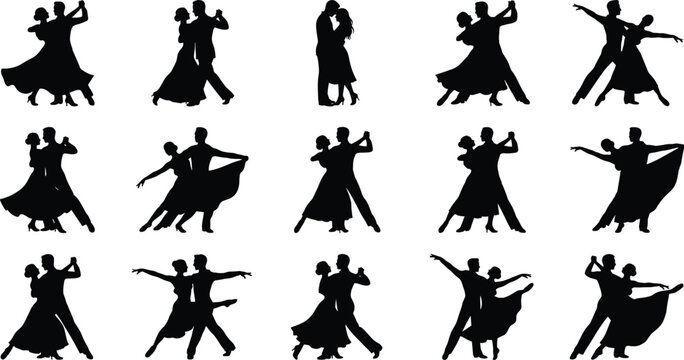 Ballroom Dance Couple Silhouette Collection with Elegant Partner Dancing Vector Illustration Set