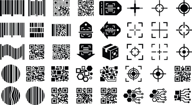 Barcode QR Code Scanner Crosshair and Digital Technology Icons Collection Isolated on White Background