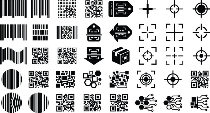 Barcode QR Code Scanner Target and Technology Icon Collection Isolated on White Background