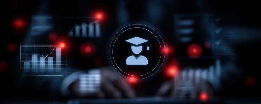 Online university e learning, financial planning track, interest rate charts, corporate asset cases, strategic potential, student inform alerts, task checkmark.