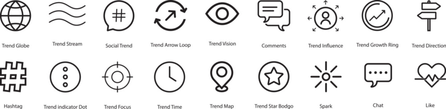 trending hot topic icon line style viral growth globe social analytics editable stroke vector set. Viral marketing social sharing icon sheet &ndash;social media reach calculations, or hot topic trackers