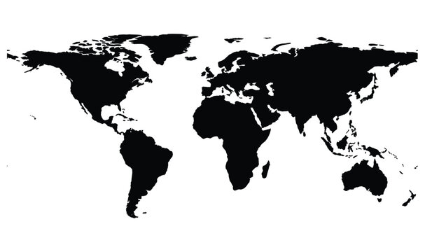 solid black world map silhouette on white background. continents outline without country borders. global geography shape chart. flat simple illustration

