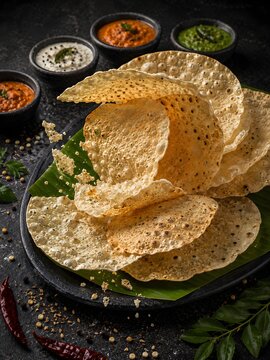 Crispy Indian papadam crackers with assorted dipping chutneys