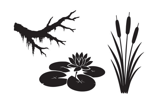 Black silhouettes of pond plants lotus flower cattails and tree branch