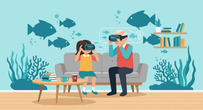 Grandfather and granddaughter using virtual reality goggles in living room