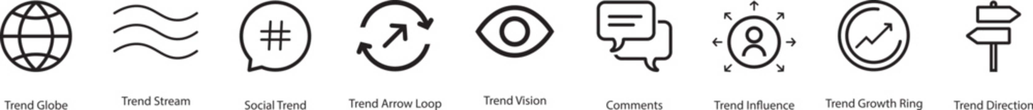 trending hot topic icon line style viral growth globe social analytics editable stroke vector set. Viral marketing social sharing icon sheet &ndash;social media reach calculations, or hot topic trackers
