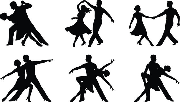 Elegant Ballroom Dance Couple Silhouettes Collection with Partner Dance Poses Vector Illustration