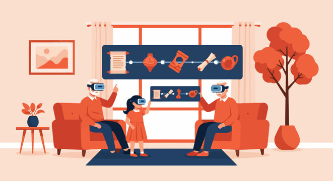 Grandparents and granddaughter learning history with virtual reality headsets