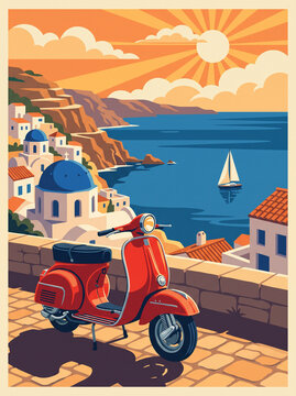 Beautiful vintage style digital raster illustration of a classic red scooter parked on a stone terrace overlooking a picturesque greek coastal town, sea and sunset