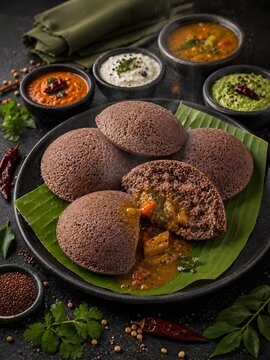 Healthy South Indian ragi idli breakfast platter with sambar
