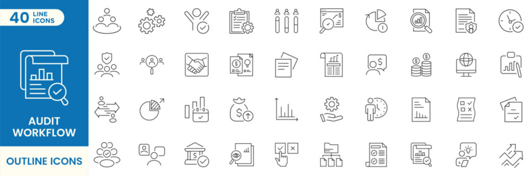 Audit Management Workflow Line Icons Set, Compliance, Business Process, Financial Analysis, Document Review, Risk Assessment, Reporting, Verification and Analytics Outline Vector
