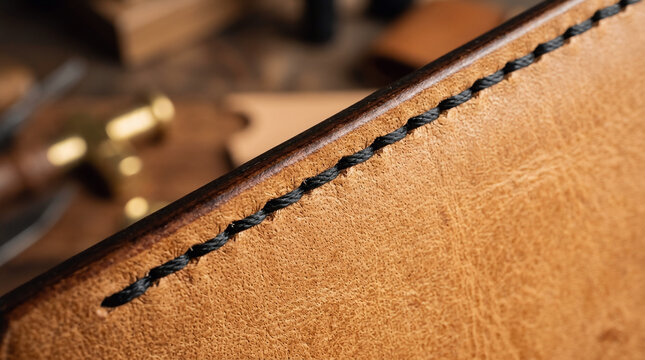 Macro detail of thick tan leather edge with strong black wax thread stitching