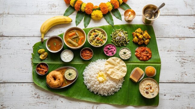 Festive diwali feast traditional south indian meal on a banana leaf