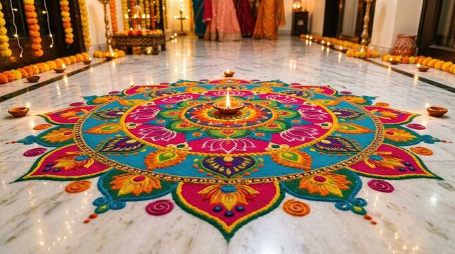 Vibrant diwali rangoli design with diya lamps festive indian deepavali celebration decor