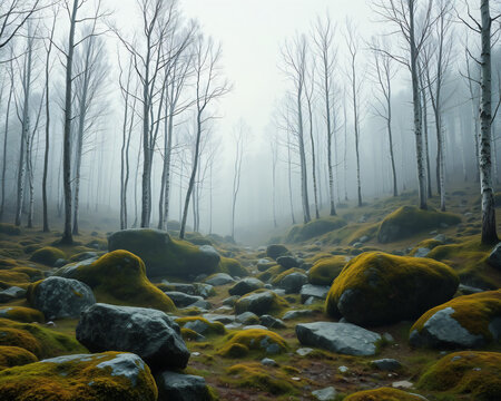 For&ecirc;t silencieuse et brumeuse aux grands arbres nus se dressant dans une lumi&egrave;re douce et myst&eacute;rieuse, tapis de mousse verte, atmosph&egrave;re sereine et enchant&eacute;e