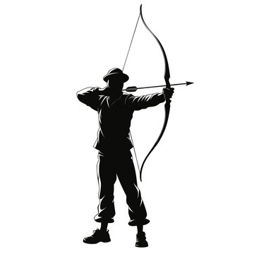 Archery silhouette vector, archer aiming longbow with arrow, black and white sports illustration, traditional hunter aiming at target