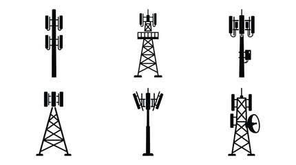 Obraz premium Cell tower icon set showing communication antennas and transmitters for network and telecommunication design concepts 