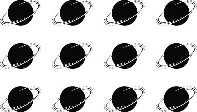 Repeating pattern of black planet spheres with orbits astronomy celestial universe scientific backdrop background geometric minimalist astrology illustration abstract decorative