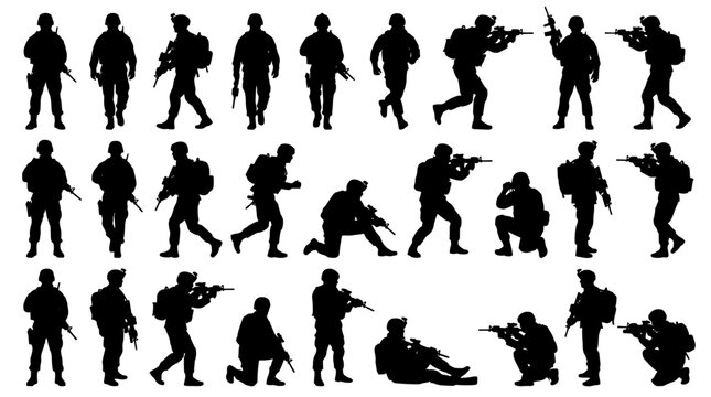 Large Soldier Silhouettes Collection Military Army Poses Black Silhouette Set for Designs