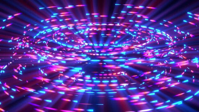 Neon colored vortex loop with rotating colorful light rays, abstract multi color lights spinning on black background, 4k looped animation.
