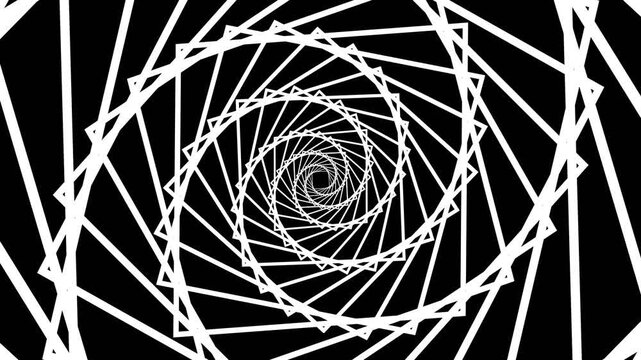 Abstract optical illusion spiral kaleidoscope background, geometric black and white vortex, seamless loop 4k animation.
