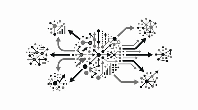 Abstract network of interconnected nodes and arrows symbolizing data flow