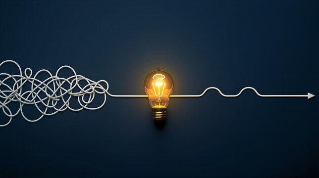 Glowing light bulb conceptualizing the transformation of tangled complexity into a straight path for business strategy and innovation