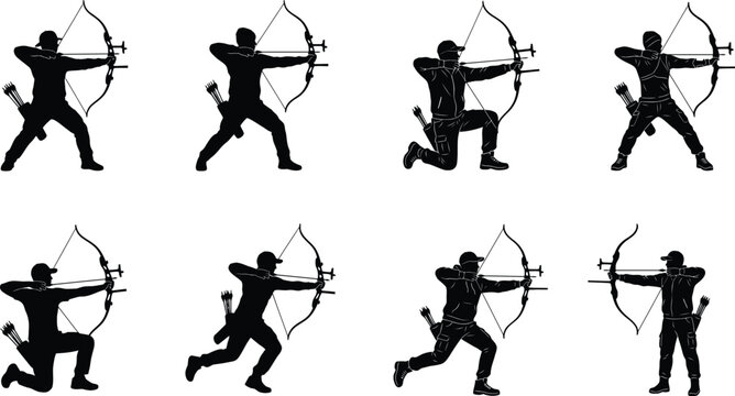 Archery silhouette collection dynamic poses for sports and target practice graphics