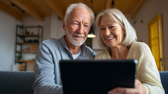 Ultra realistic preventive healthcare video appointment, healthy senior couple smiling during an online annual wellness consultation using a tablet with a blank black screen