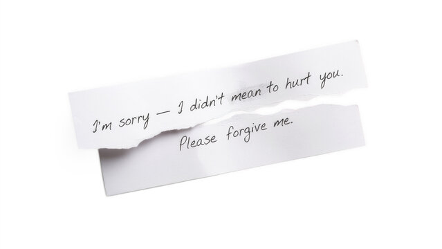 Torn apology note with handwritten message during a moment of regret isolated on transparent background