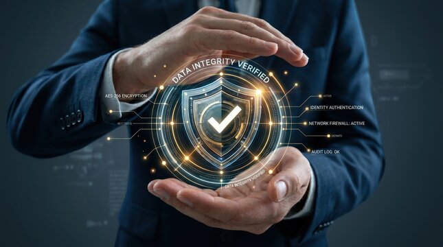 Data integrity verified concept with shield icon, cybersecurity protection, encryption technology, network firewall active, identity authentication and audit log security backgr...