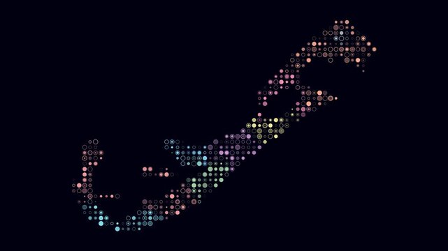 Bermuda map animation. Shape of the country with pulsating colored dots. Small size circle blocks. Digital style Bermuda map on dark background. Modern video.