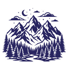Obraz premium A dark blue of a mountain landscape at night, featuring a crescent moon, stars, clouds, and a winding river flowing through a pine forest, isolated on a white background, t-shirt poster