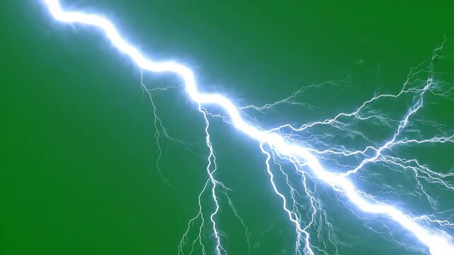 Powerful electric lightning bolt striking across a vivid green screen background for cinematic visual effects and digital compositing