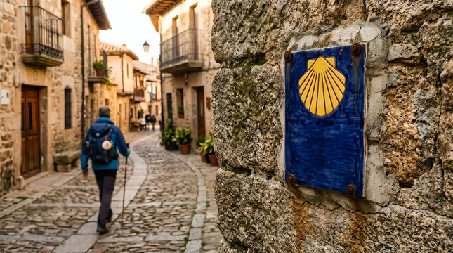 Blue ceramic tile with yellow scallop shell on stone wall along historic street