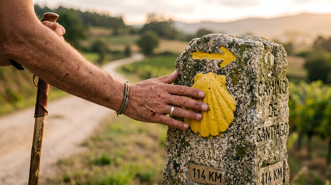 Human hand touching yellow scallop shell painted on stone Camino marker
