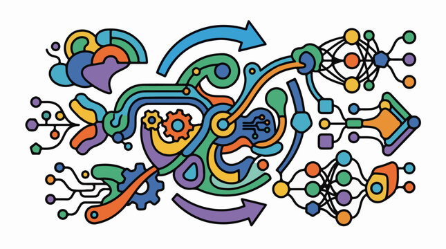 Abstract network of colorful shapes and lines representing data flow