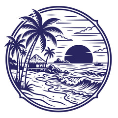 Obraz premium A dark blue of a tropical beach scene inside a circular frame, featuring palm trees, a thatched roof hut, ocean waves, a small boat, and a setting sun, on a white t-shirt poster