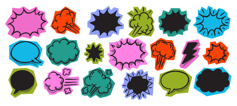 Colorful comic sticker set featuring hand drawn speech bubbles, explosion bursts, clouds, lightning, and motion effects. Vintage sketch style scrapbook vector illustration