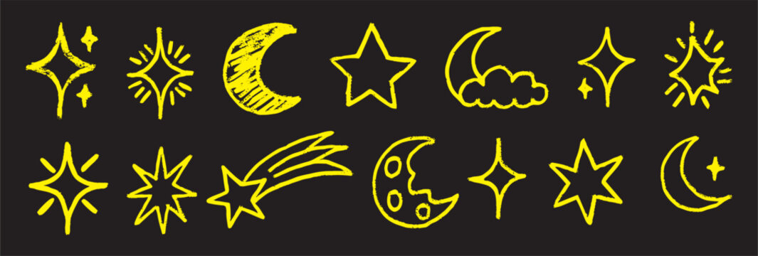 Crayon Moon and Stars Icons Set. Vector Chalk Celestial Elements with Moon, Stars, Comet, Clouds and Sparkles. Hand Drawn Doodle Charcoal Sketch Style Illustration