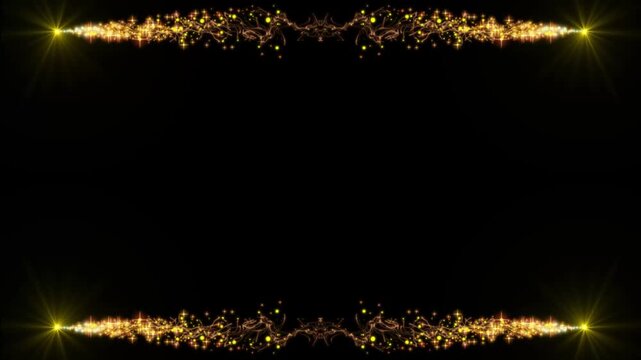Golden particles moving luxury glittering on frame border, golden glitter light trail, Rectangular frame with shimmering golden star particles glittering movement on a dark background, 4k