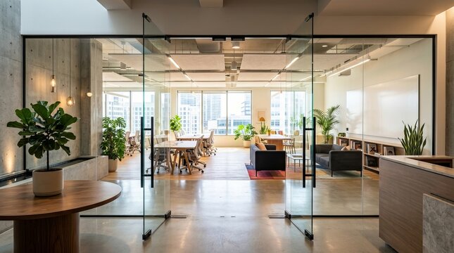 Modern open plan corporate office space featuring glass walls and contemporary furniture in bright natural light