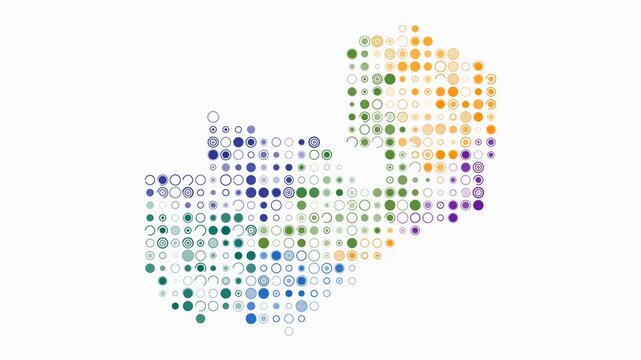 Zambia animation. Shape of the country with pulsating colored dots. Large size circle blocks. Digital style map on white background. Trending video.