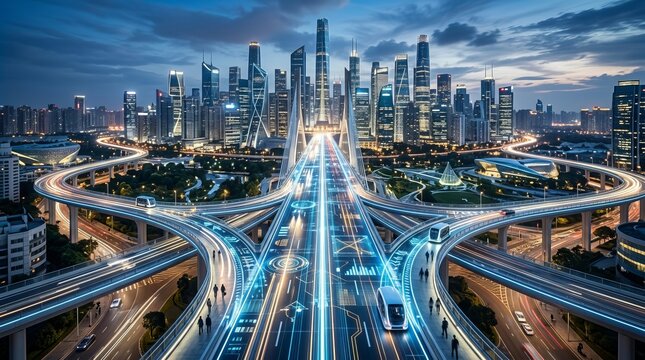 Futuristic glowing highway bridge with digital data overlays and automated vehicles in a modern metropolis