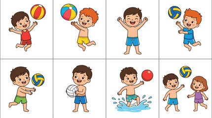 Fototapeta premium Cute Cartoon Kids Playing Beach Volleyball Set with Happy Children Characters Splashing in Water and Throwing Inflatable Balls for Summer Vacation Graphic Designs