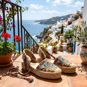 Espadrille sandals featuring colorful floral embroidery resting on a terracotta balcony terrace in Santorini Greece overlooking Aegean blue sea and white dome houses for summer vacation concept