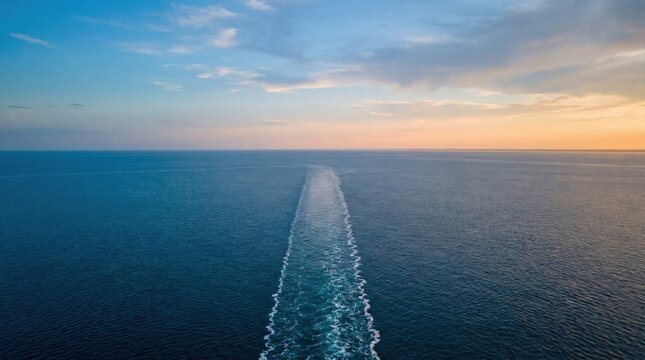 Boat wake line cutting across calm ocean at sunset