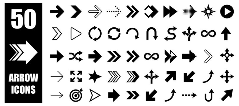 Set of 50 black arrow icons for user interface design and directional navigation with navigation interface direction collection pointers