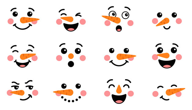 Set of cute snowman faces with various expressions for winter holiday design elements expression christmas character celebration